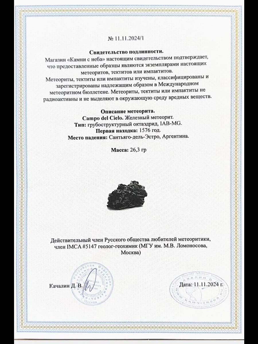 Коллекционный образец метеорит Кампо Дель Сьело — фото 6